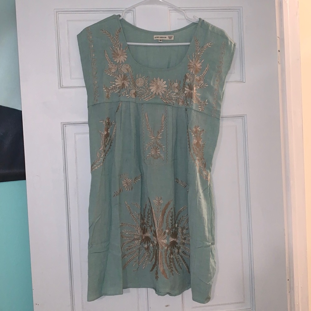 Seafoam green with gold embroidery shift dress